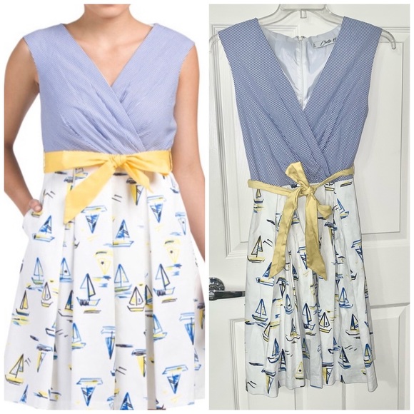 Chetta B Women's Blue Yellow Sleeveless Faux Wrap Dress Sz 10 Belt Pockets Boats - Picture 1 of 10